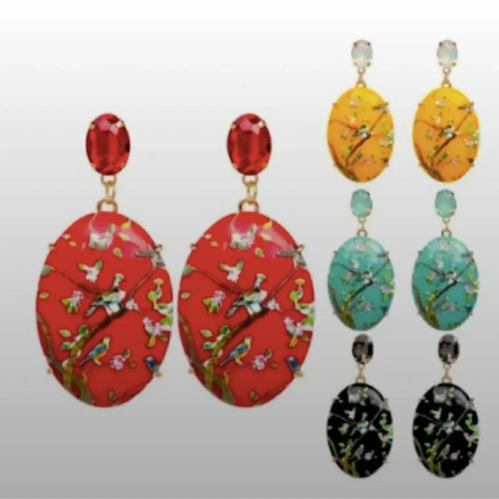 ✨🆕✨Beautifully Boho Vintage Inspired RED Happy Days Floral Birds Earrings  ✨
